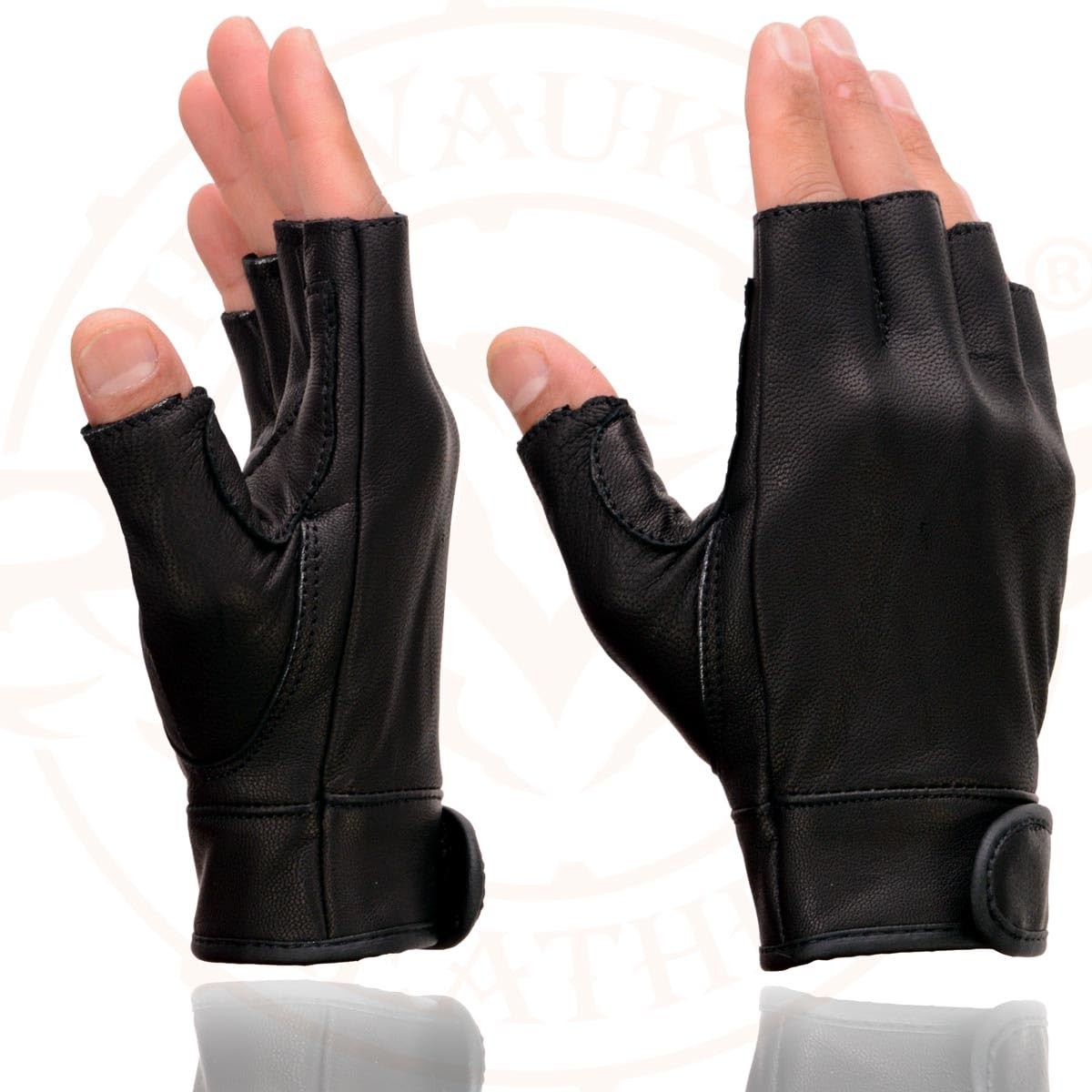 MG7585 Men’s Black Leather Gel Padded Palm Fingerless Motorcycle Hand Gloves w/F