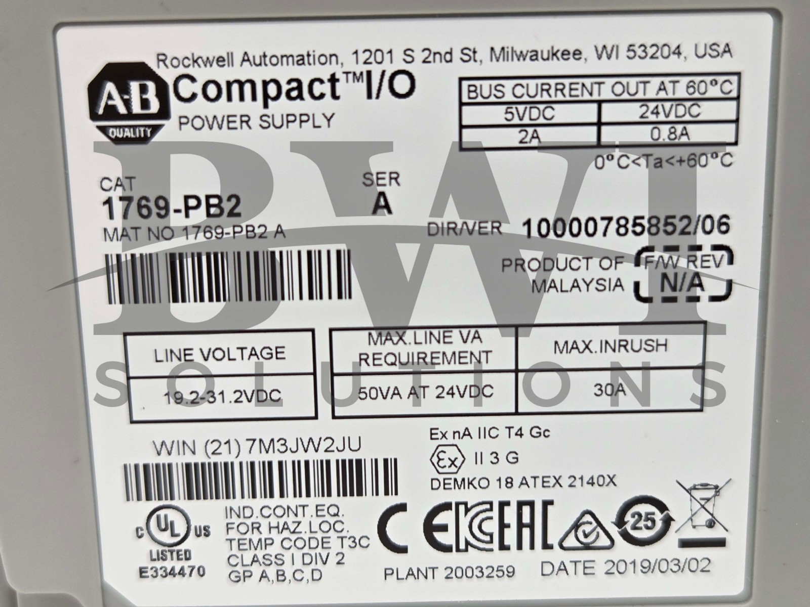 NEW Allen Bradley 1769-PB2 /A CompactLogix 24VDC Power Supply 30A 1769PB2