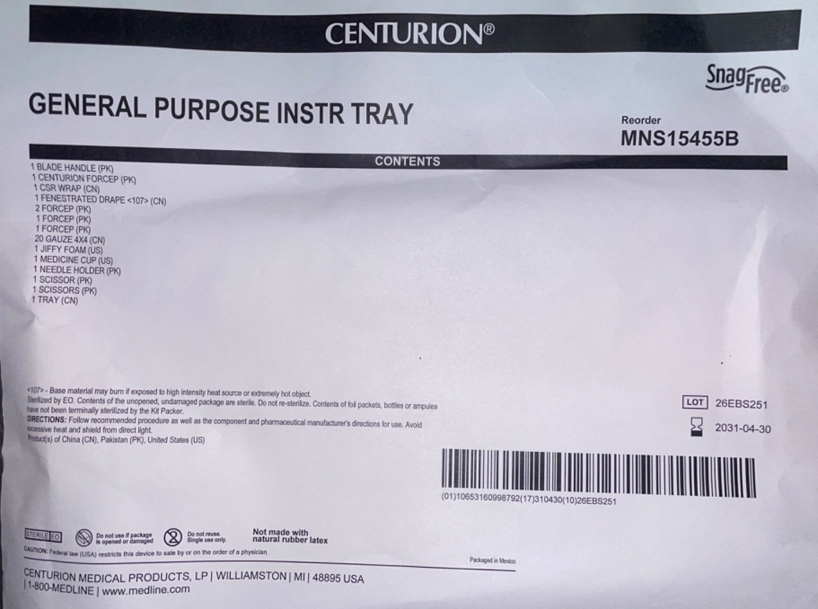 Centurion General Purpose Instrument Tray-ref MNS15455B