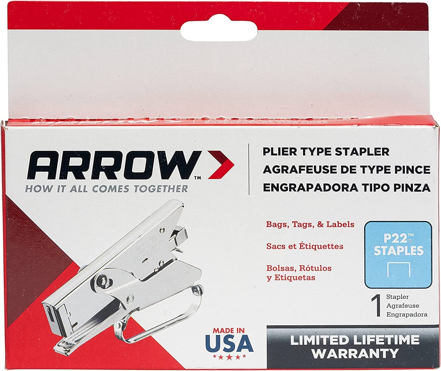Arrow P22 Plier Stapler Heavy Duty Chrome Steel for Paper and Plastic Stapling
