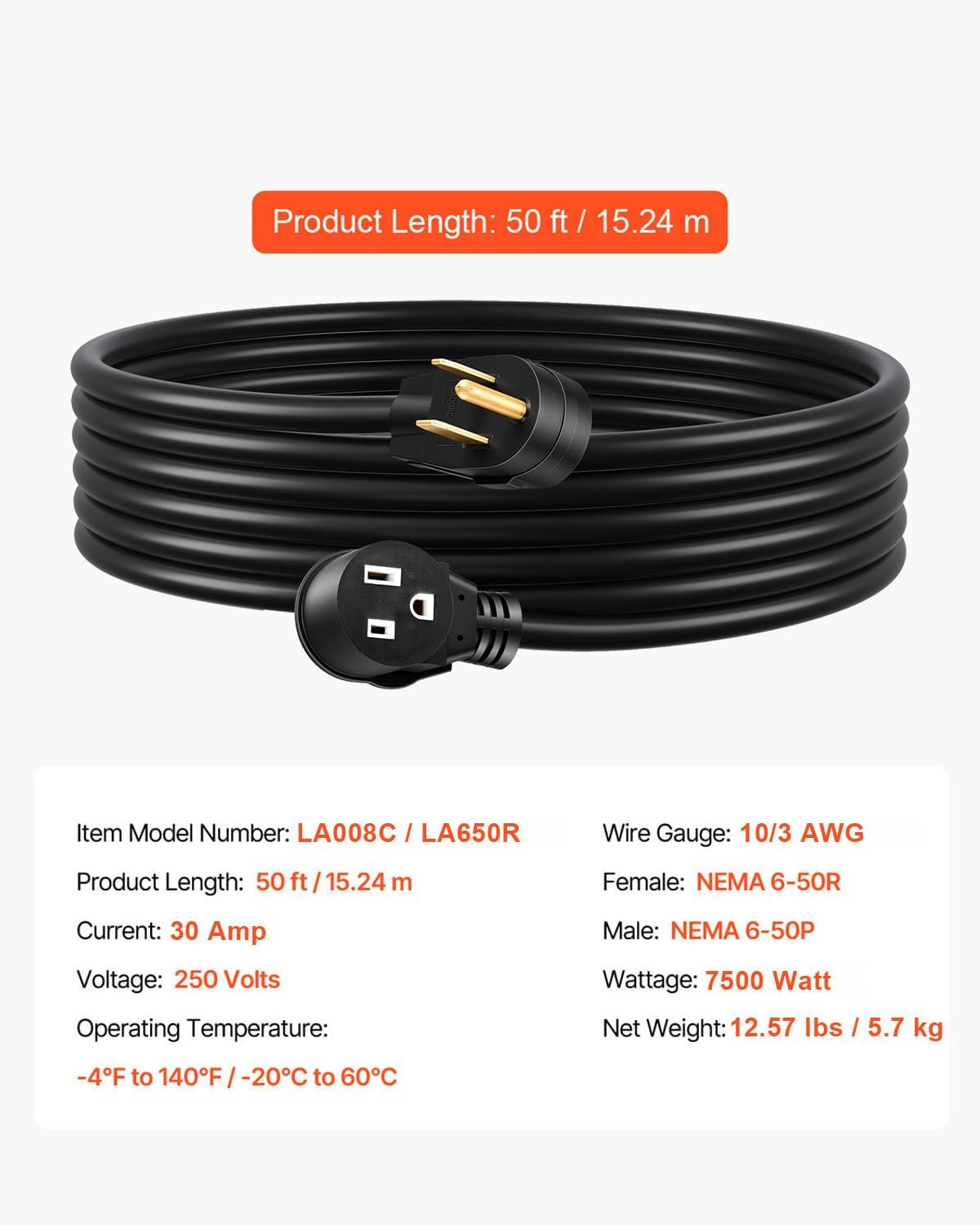 30 Amp Welder Extension Cord 50 Feet, STW 10 AWG NEMA 6-50P/R Heavy Duty Power C
