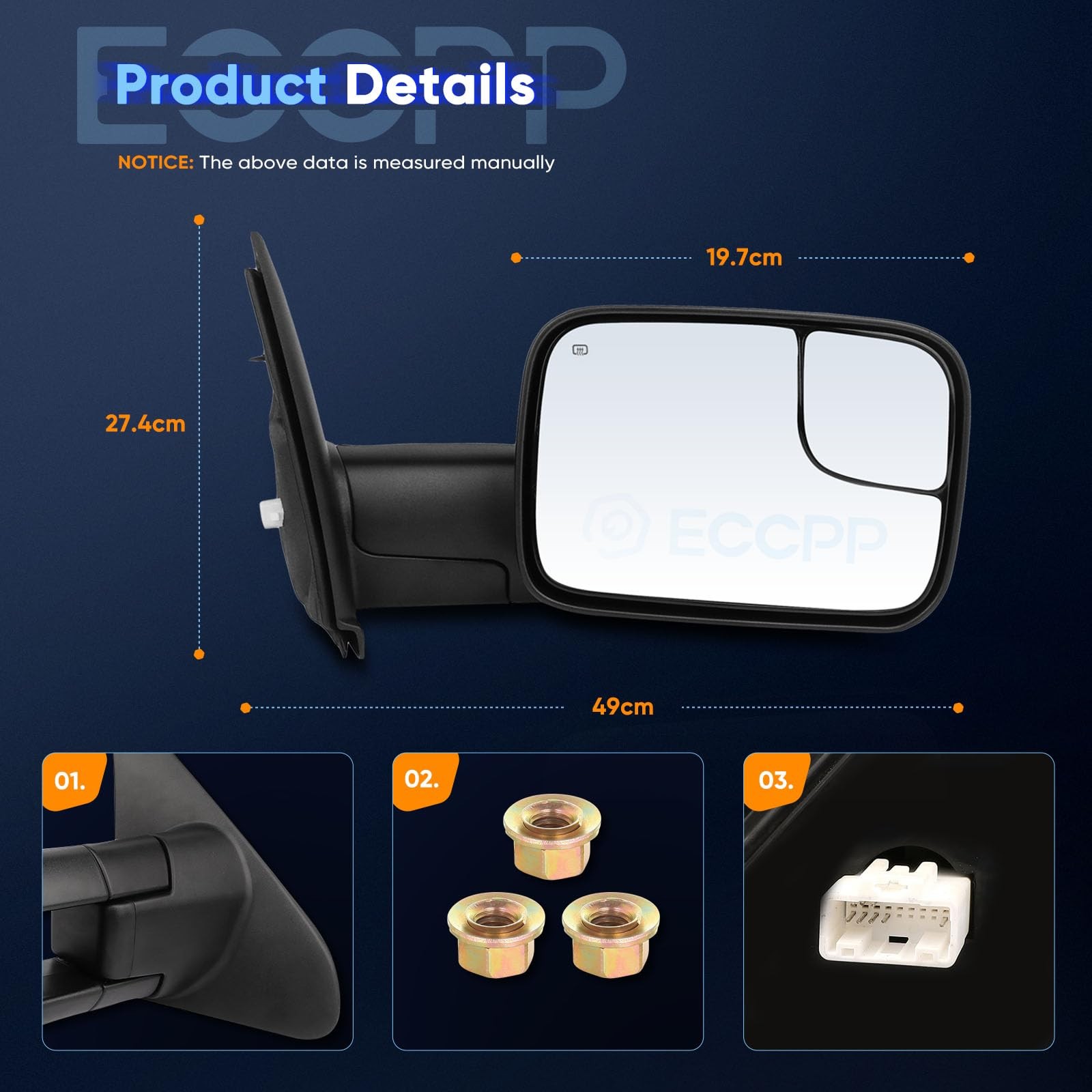 Tow Mirrors Power Heated Black No Turn Signal 1998-2001 Dodge Ram 1500 2500 3500