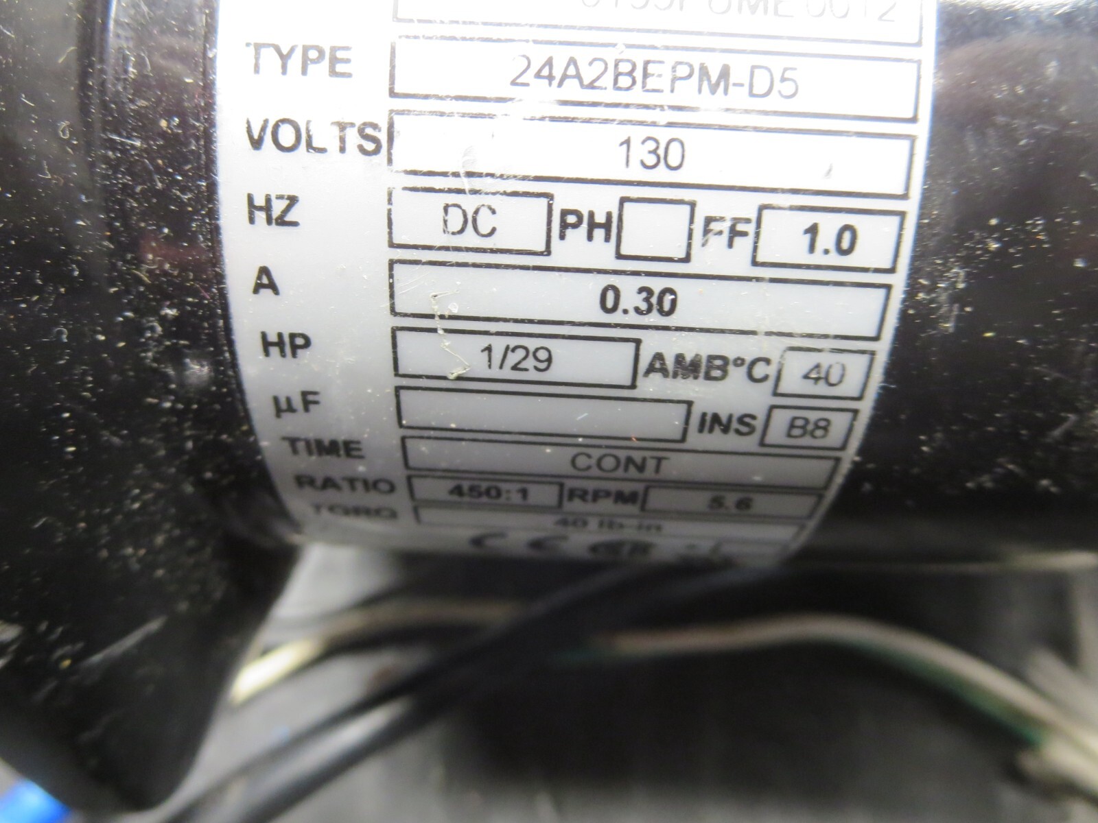 Bodine Electric 24A2BEPM-D5 130VDC 0.30A 1/29HP 5.6RPM 40LbIn Torq 450:1 Ratio