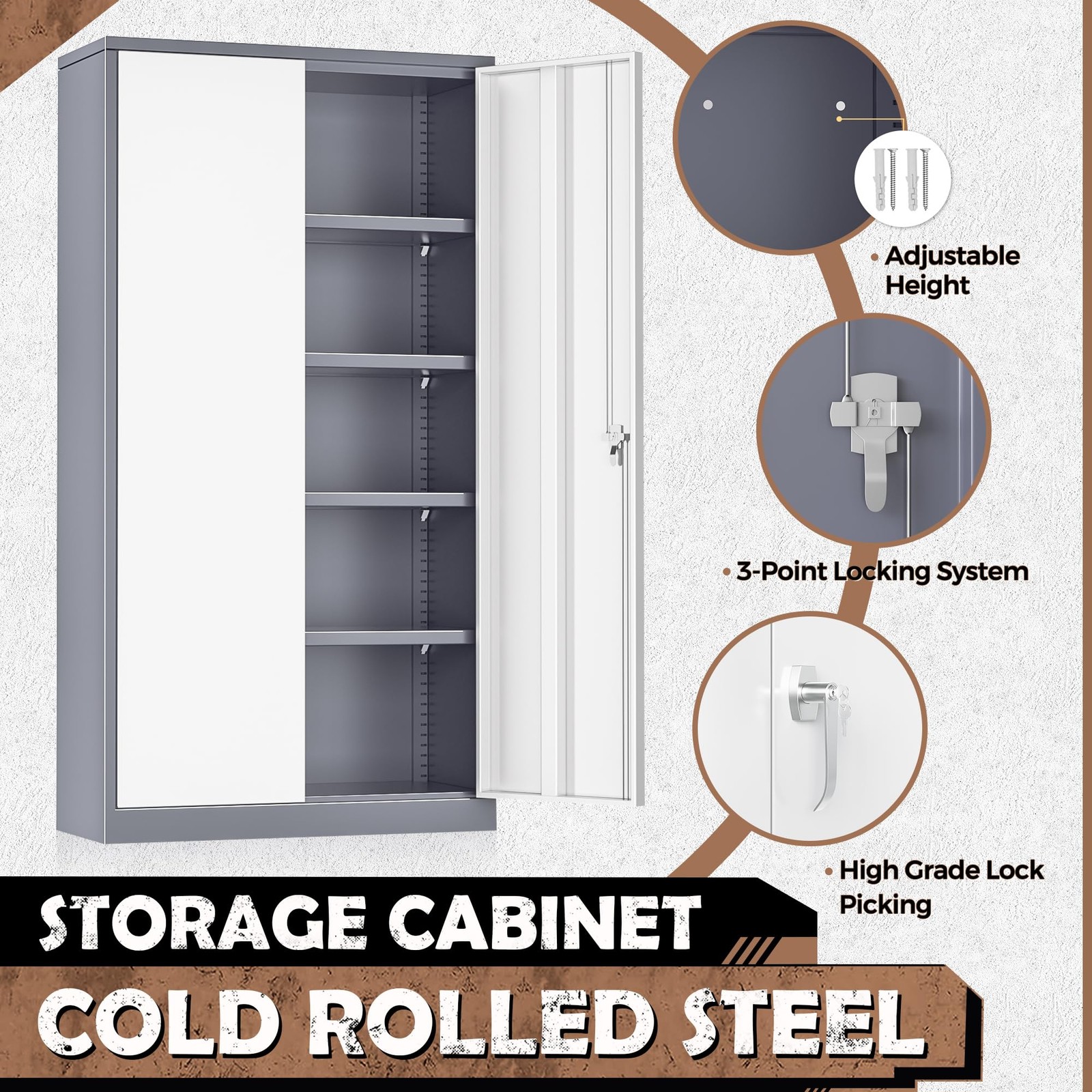 Metal Lockable Cabinet 72″H 2 Doors 4 Adj. Shelves Gray White Assembly Required