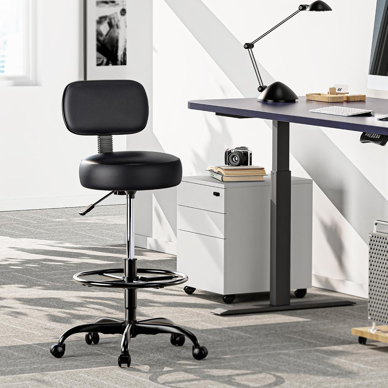Adjustable Drafting Chair with Back & Foot Rest – All Black