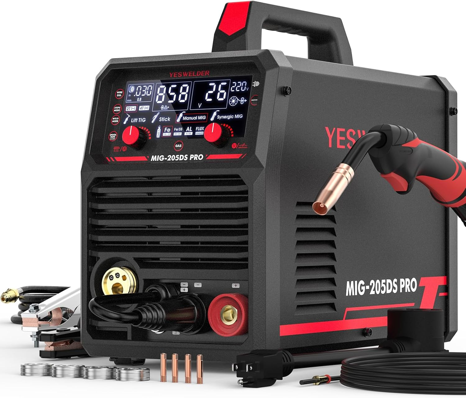 200Amp 110/220V Dual Voltage MIG Welding Machine, 5 in 1 Gas Mig/Flux Core Mig/S