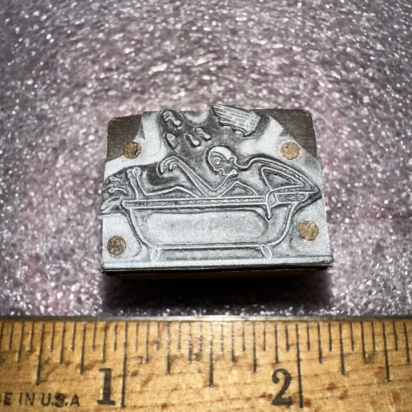 Printing Block “ Man in Bathtub “ Musical Notes, Splashing Water.