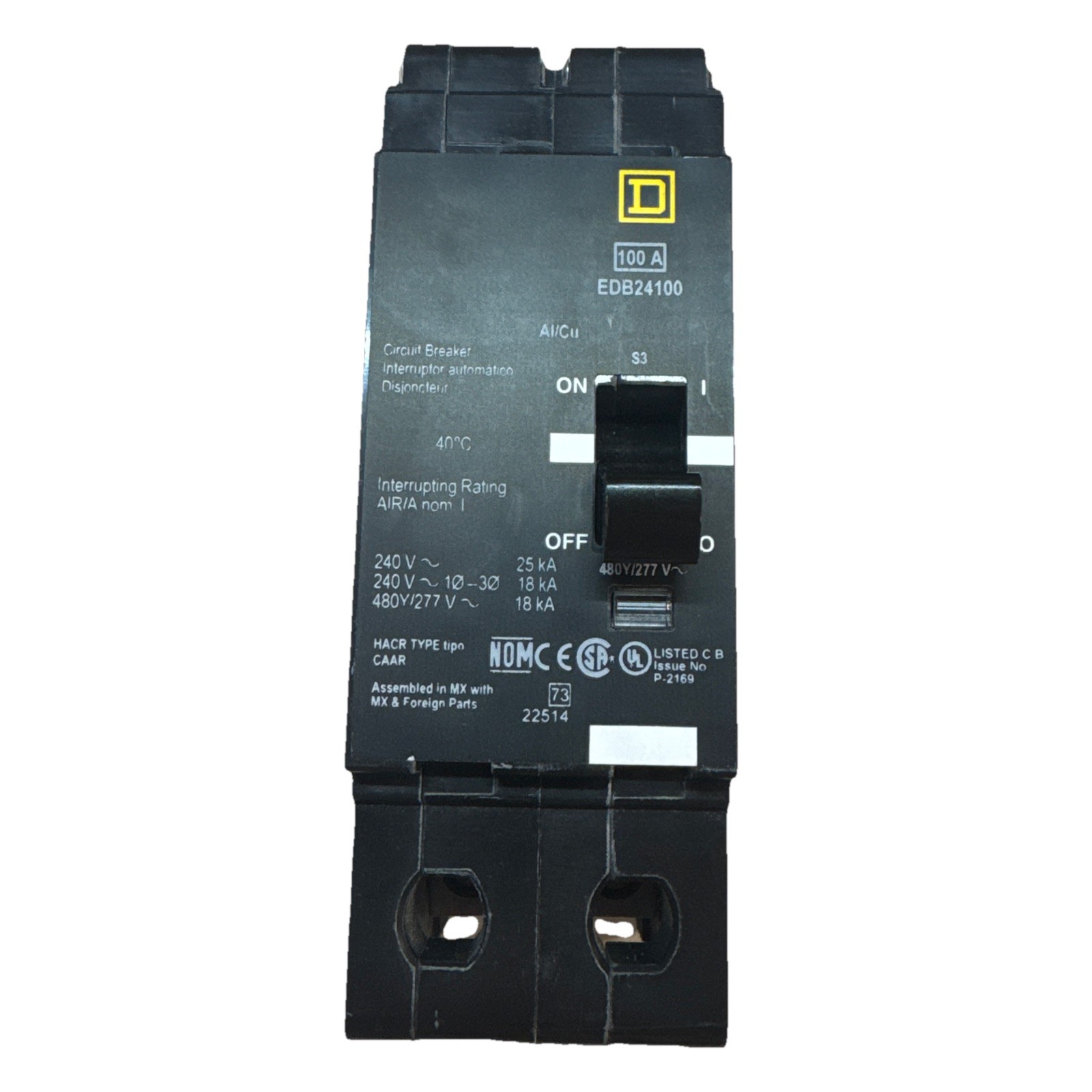 Square D EDB24100 Circuit Breaker, 100A, 2 Pole, 480Y/277V, 25kA max *NWOB*