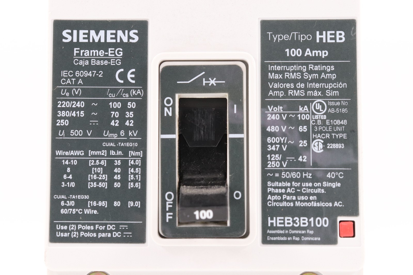 SIEMENS HEB3B100 100A 3-POLE HEB CIRCUIT BREAKER, 65KA@480V HACR