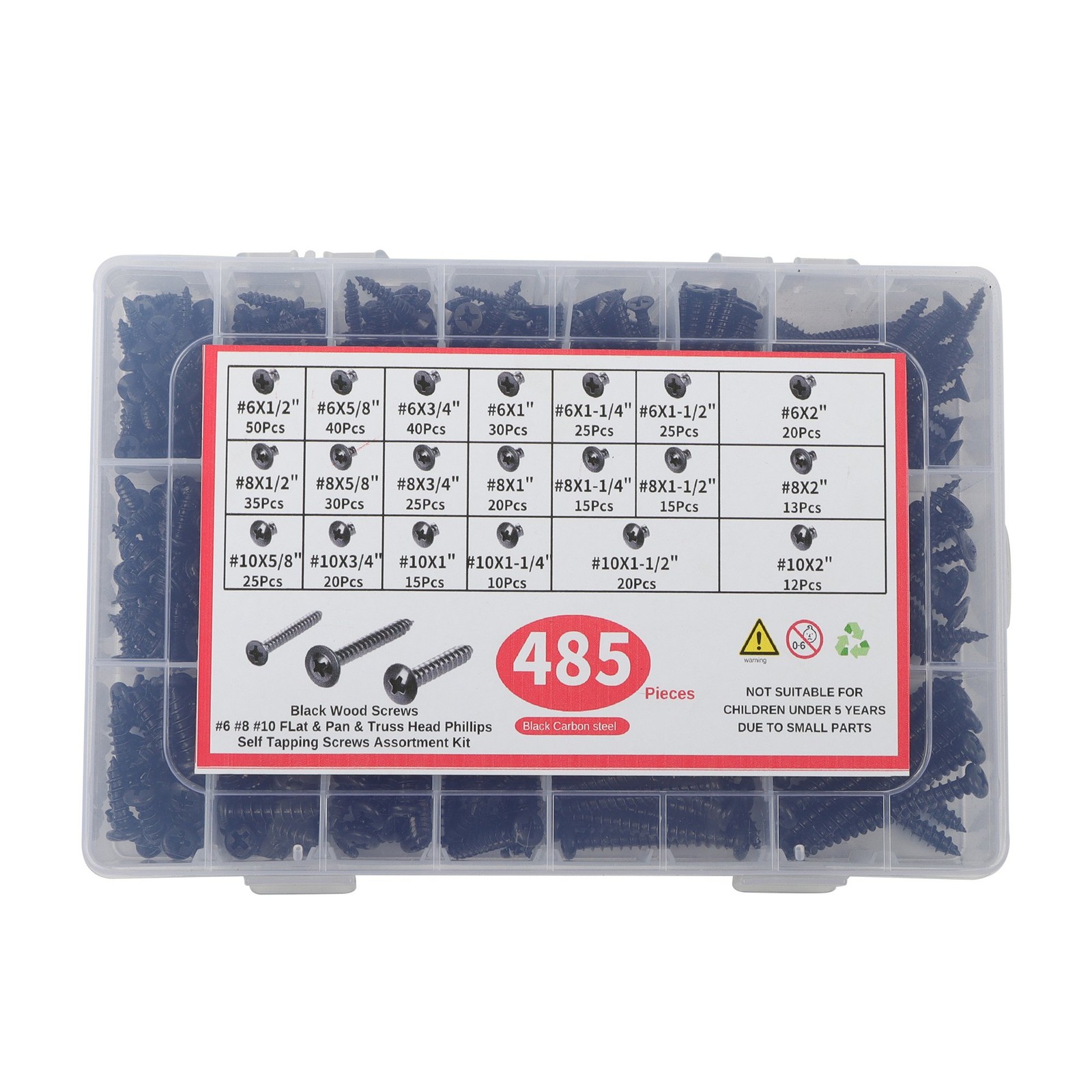 Round Head Truss Head Flat Head Screws Assortment – 485 Pcs #6 #8 #10