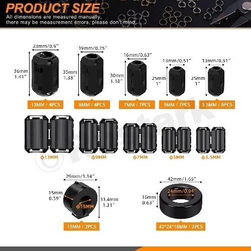 32 Pieces 7 Sizes Black Ferrite Ring Core Toroid RFI EMI N Size: 7 Sizes Black