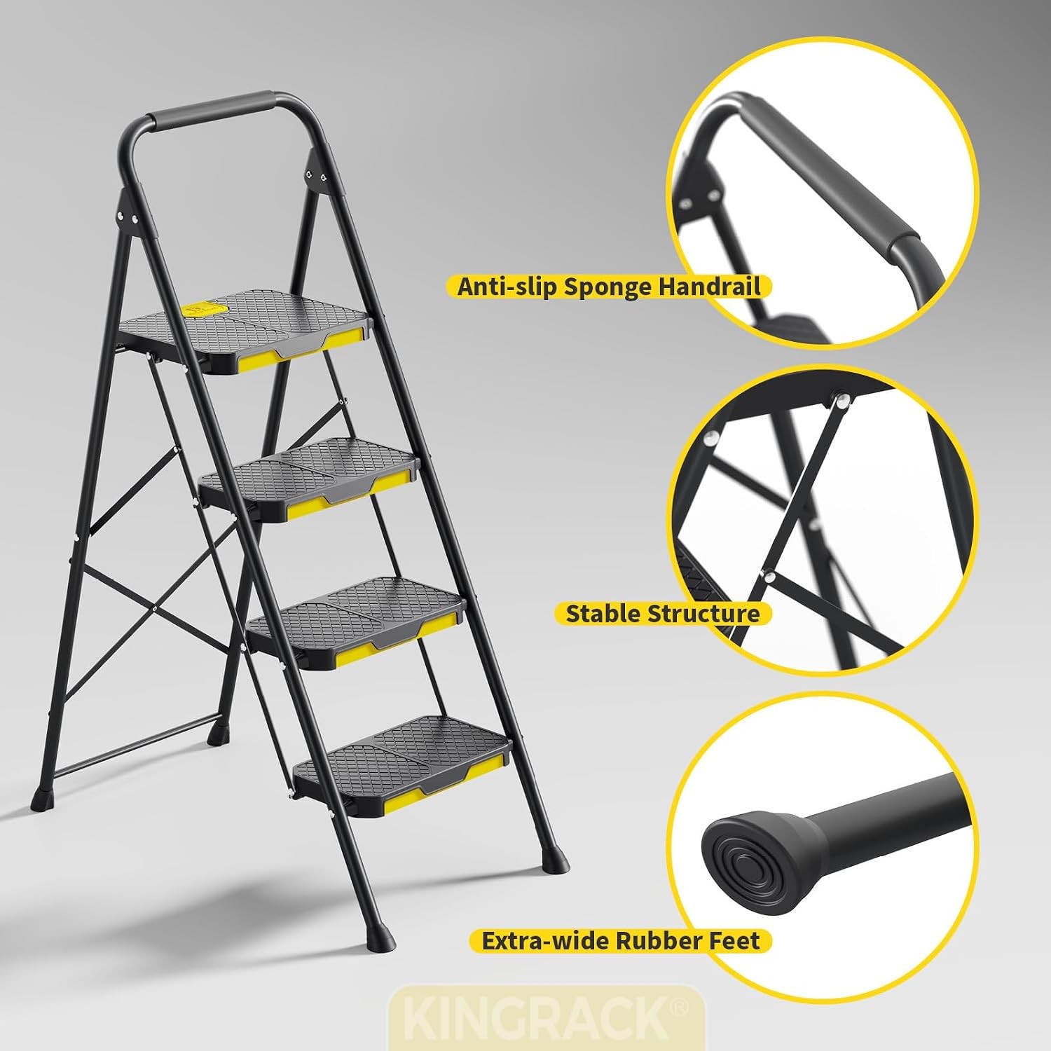 4 Step Ladder, Sturdy Steel Step Stool with Safe-Lock Design,Handrail, Anti-Slip