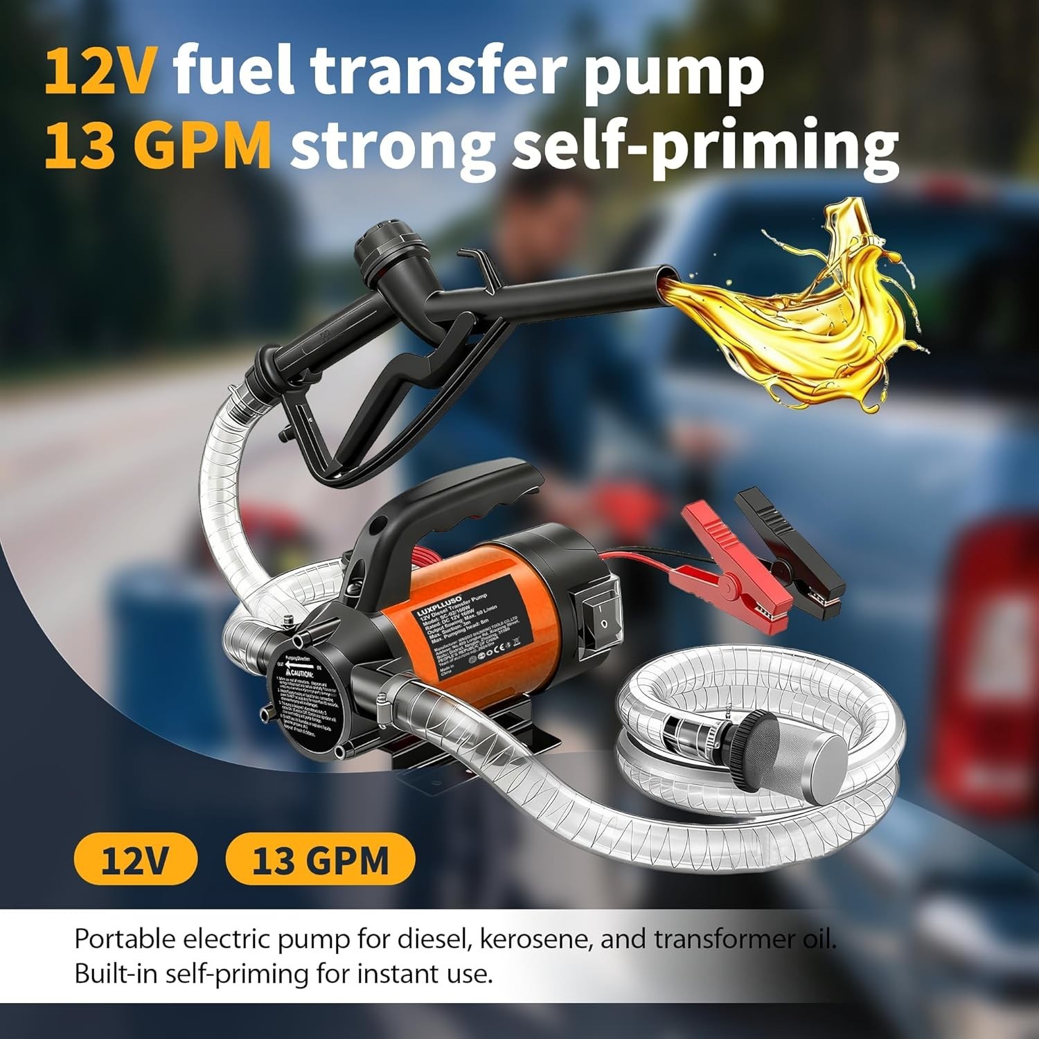 Fuel Transfer Pump Kit: 12V 13GPM Electric Diesel Transfer Pump with Fuel Nozzle