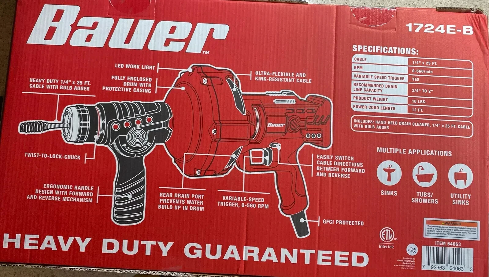 NEW Bauer Automatic Feed Hand-Held Drain Cleaner Snake Tool 25’ 64063