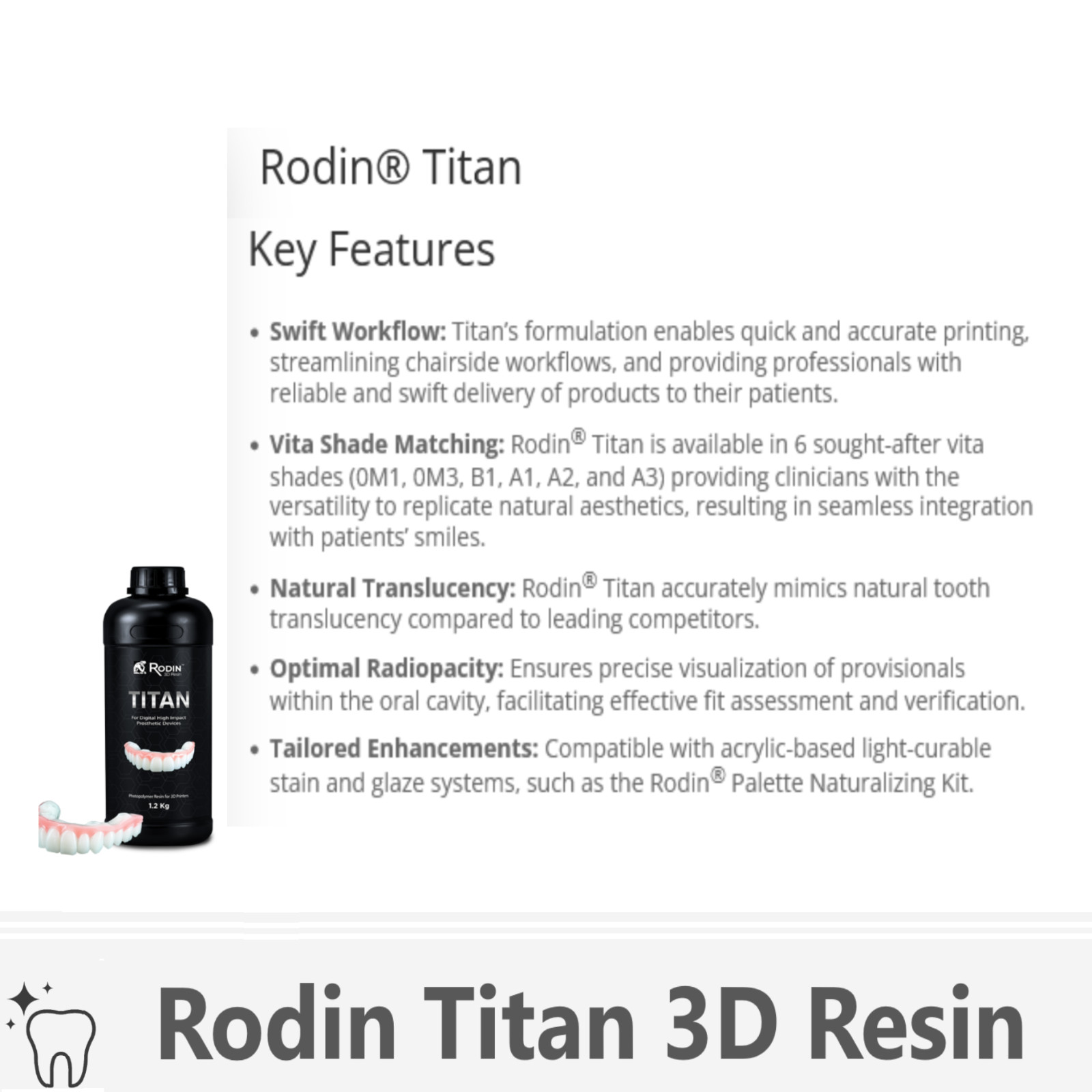 Rodin Titan 3D Printing Resin, All Shades, 300g, 600g, 1.2kg Bottle, Dental
