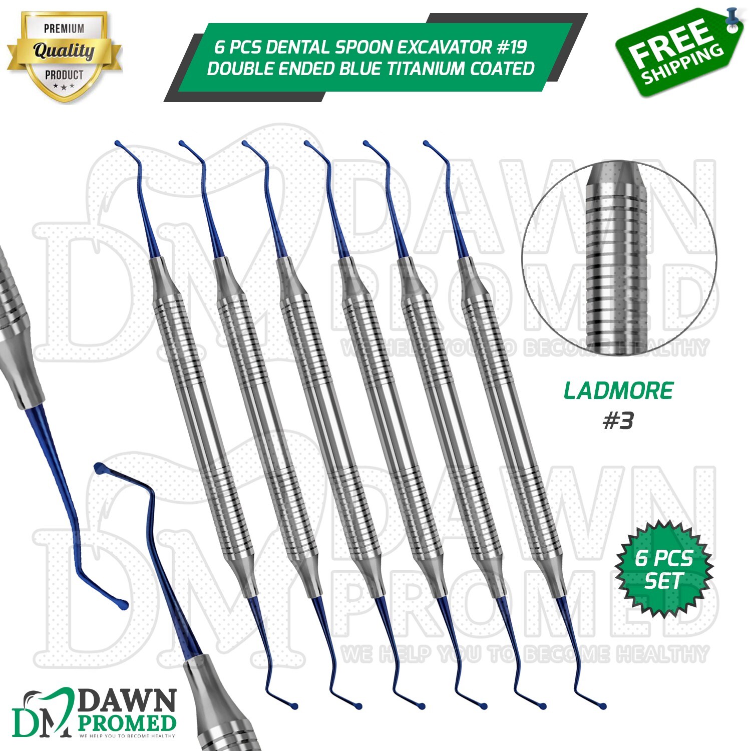 6 Pcs Spoon Excavator #19 Double Ended Blue Titanium Coated Dental Instruments
