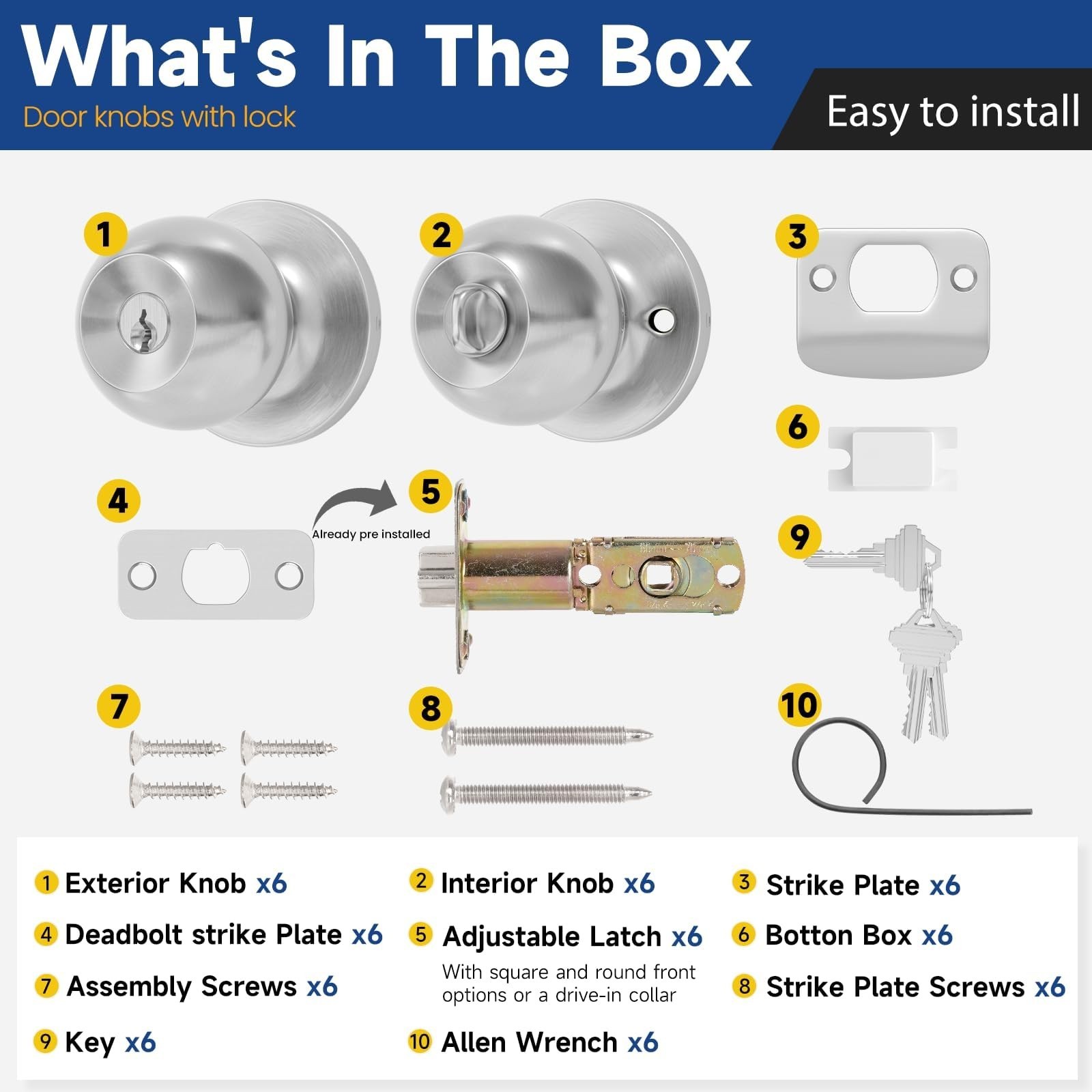6 Pack Keyed Entry Door Knob with Lock and Key, Exterior and Interior Door Kn…