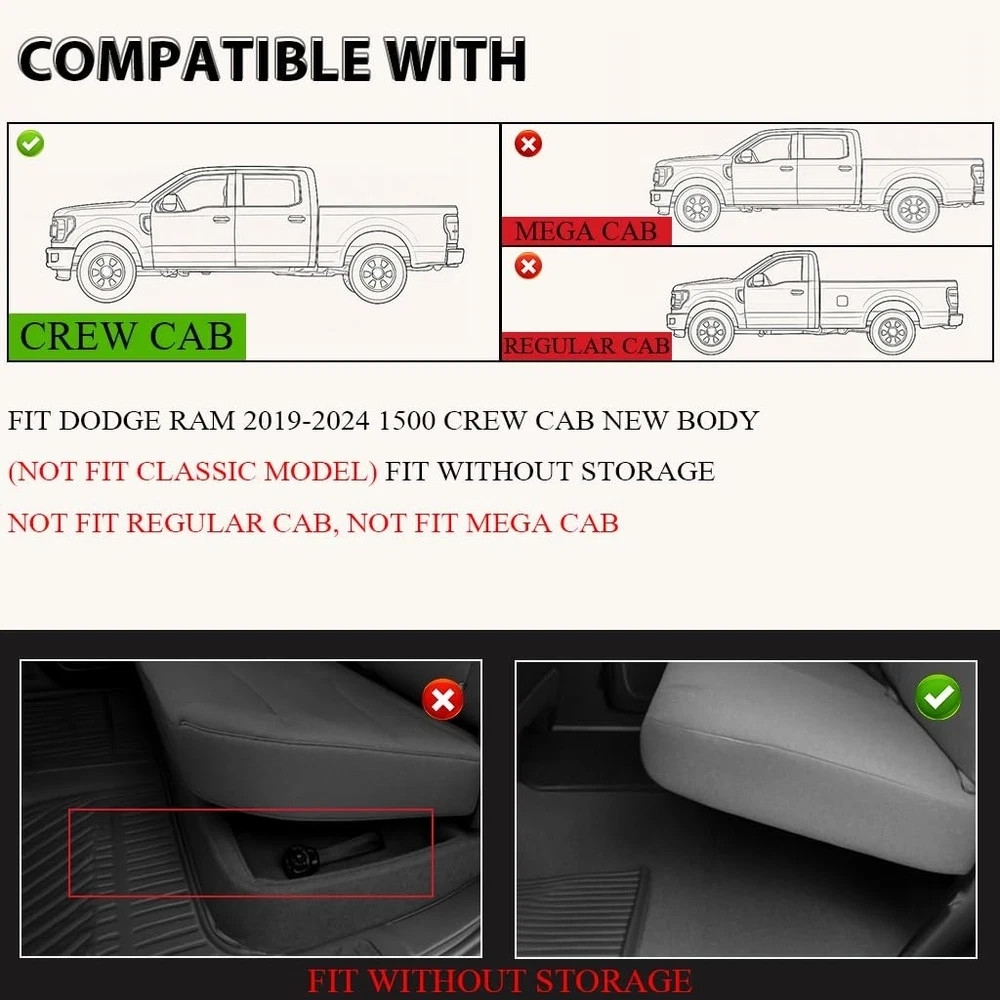 TPE Floor Mats Fit for 2019-2024 Dodge Ram 1500 Crew Cab New Body
