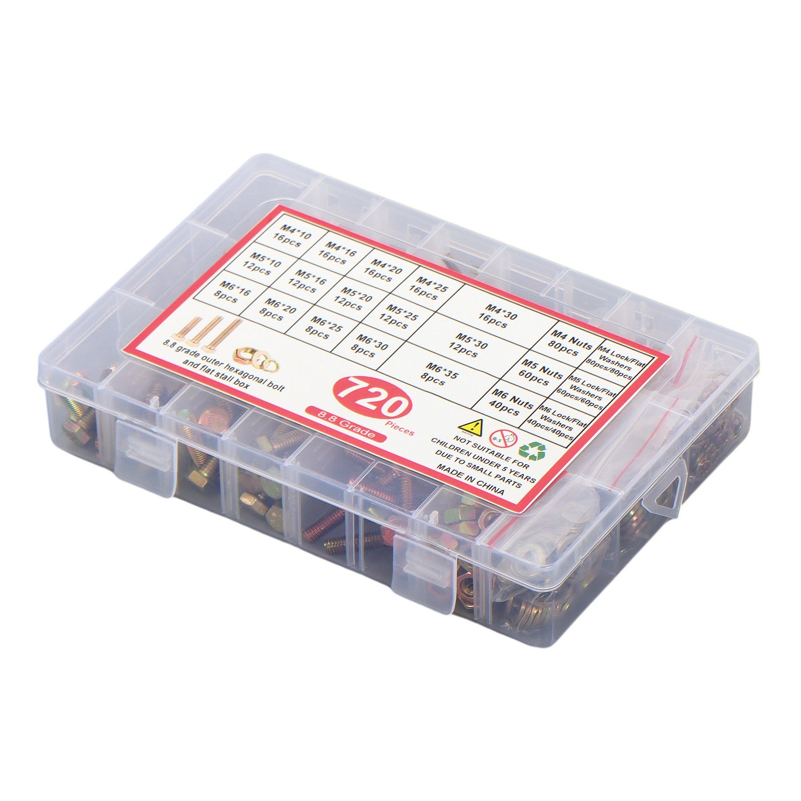 720PCS M4 M5 M6 BOLTS AND NUTS ASSORTMENT KIT GRADE 8.8 ALLOY STEEL HEX 15 SIZES