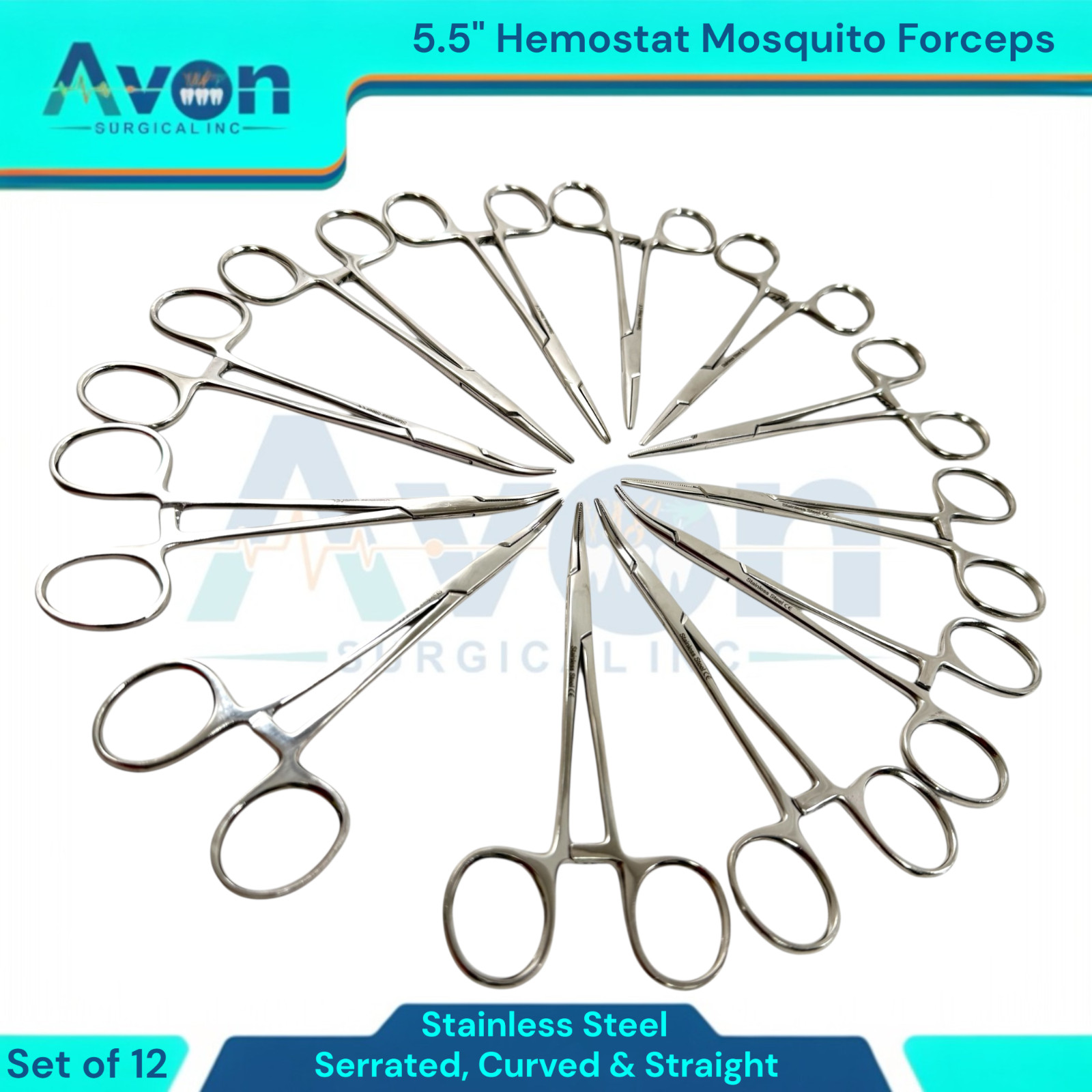 5.5in Hemostat Locking Mosquito Forceps Clamps | Cur+Str, Serrated | 12pc Lot