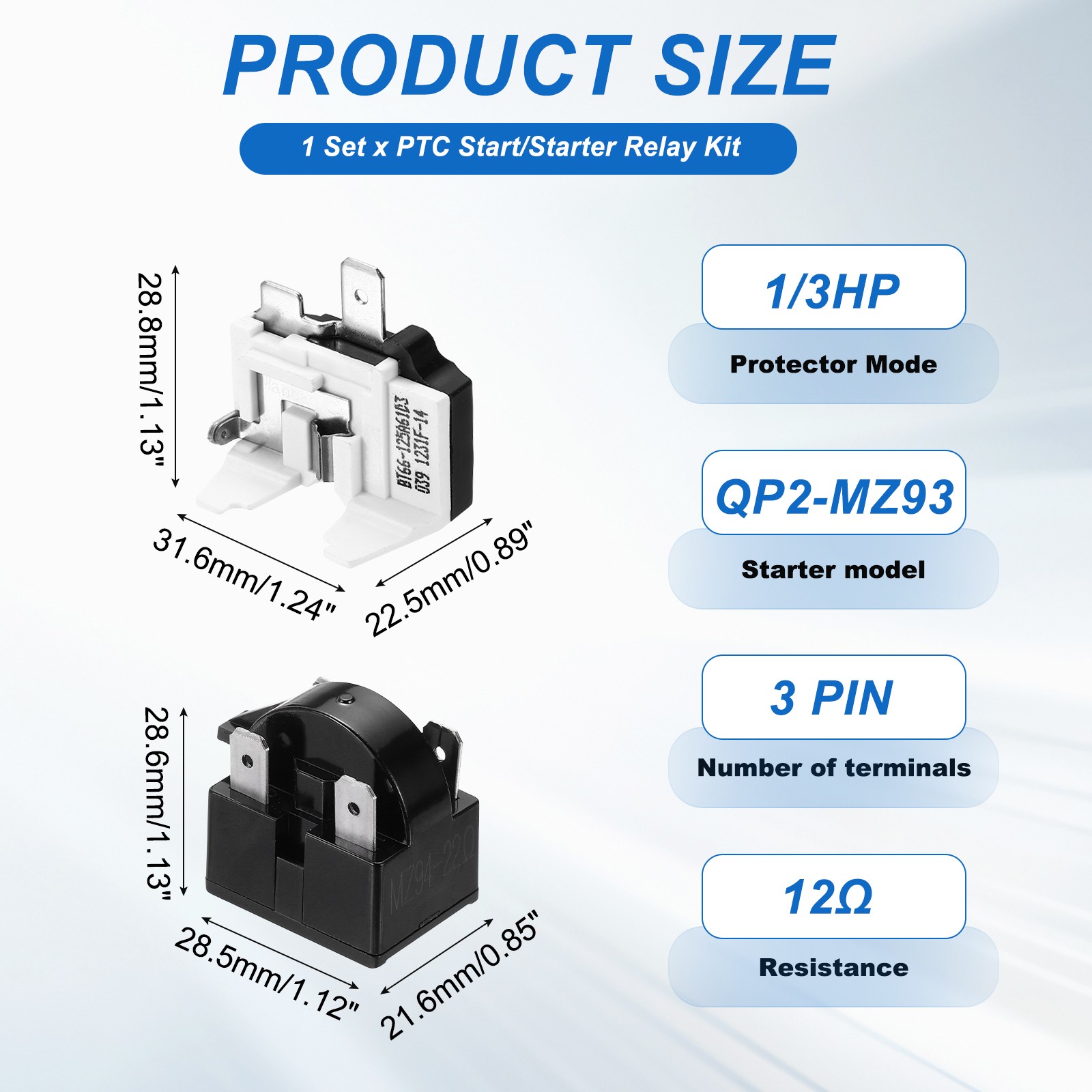 PTC Refrigerator Starter Relay 12 Ohm 3 Pin and 1/3HP Freezer for Fridge