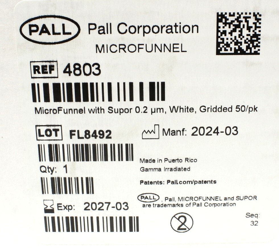 New Pall MicroFunnel w/ Supor 0.2 µm 100 mL Expires: 2027-03 Gridded 50/Pk
