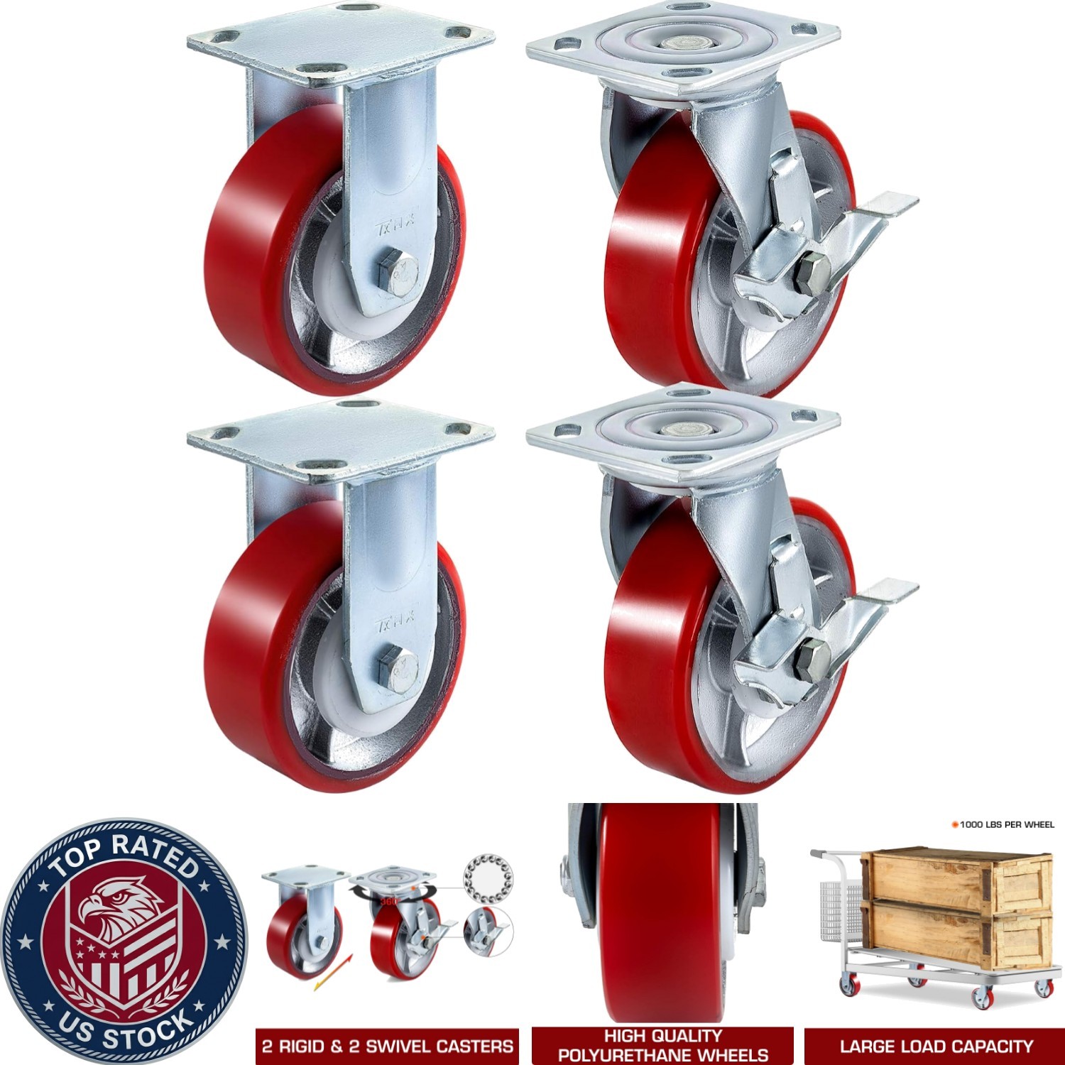 4-Pack 6″ Casters – 2 Rigid & 2 Swivel with Side Brake, 4000lbs Capacity