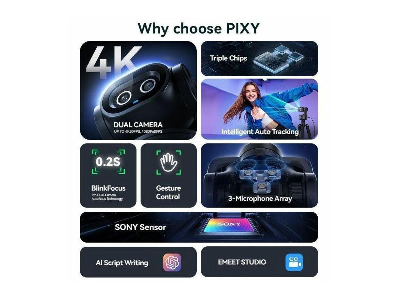EMEET PIXY Dual-Camera AI PTZ 4K Webcam, 0.2s Autofocus, AI Auto Tracking