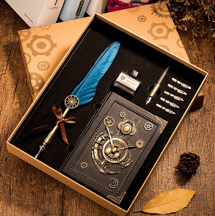 Handmade Steampunk Notebook Leather Journal with customized bookmark and stamp