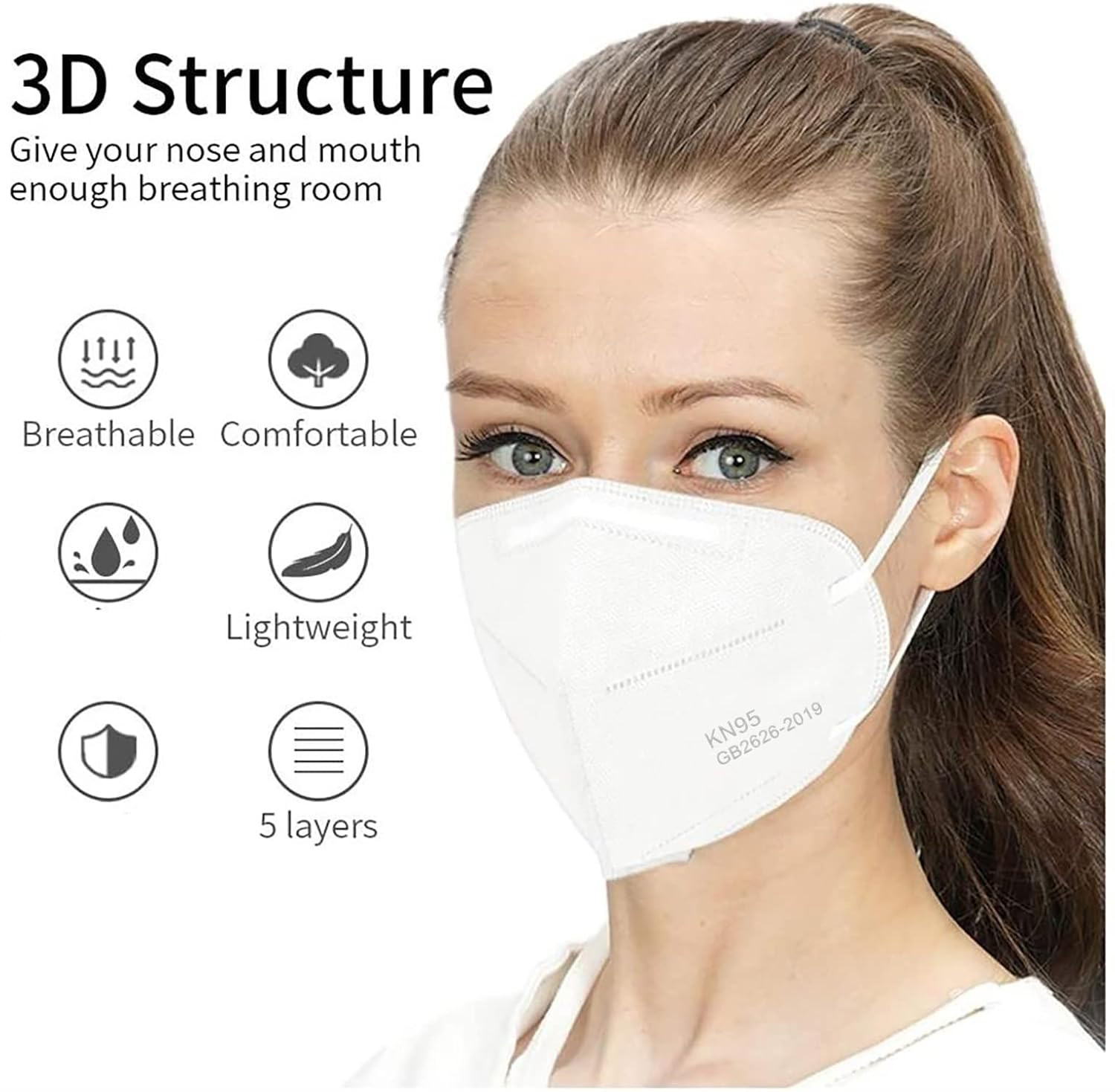 50PCS KN95 Face Mask 5 Layer Breathable with Elastic Earloops Cup Dust