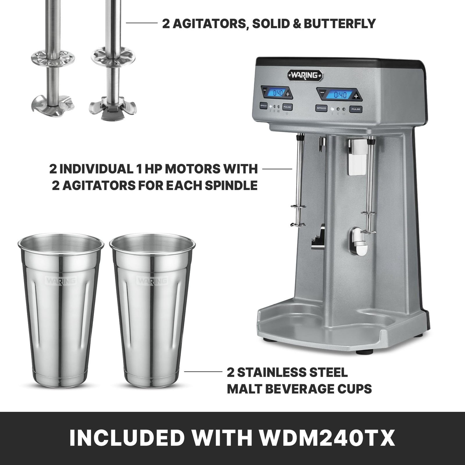 Waring Commercial Heavy-Duty Double Spindle Drink Mixer, 2 Independent, WDM240TX