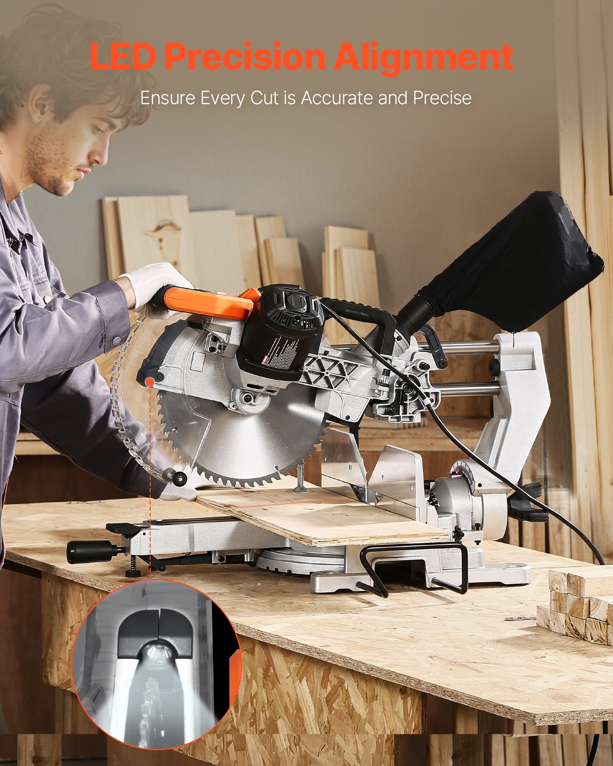VEVOR Sliding Compound Miter Saw 12-In Blade 15 Amp Motor Corded Bevel 60-Tooth