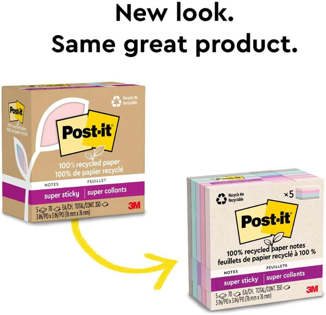 Post-It 100% Recycled Paper Super Sticky Notes, 3 In. X 3 In., 5 Pads, 70 Sheets