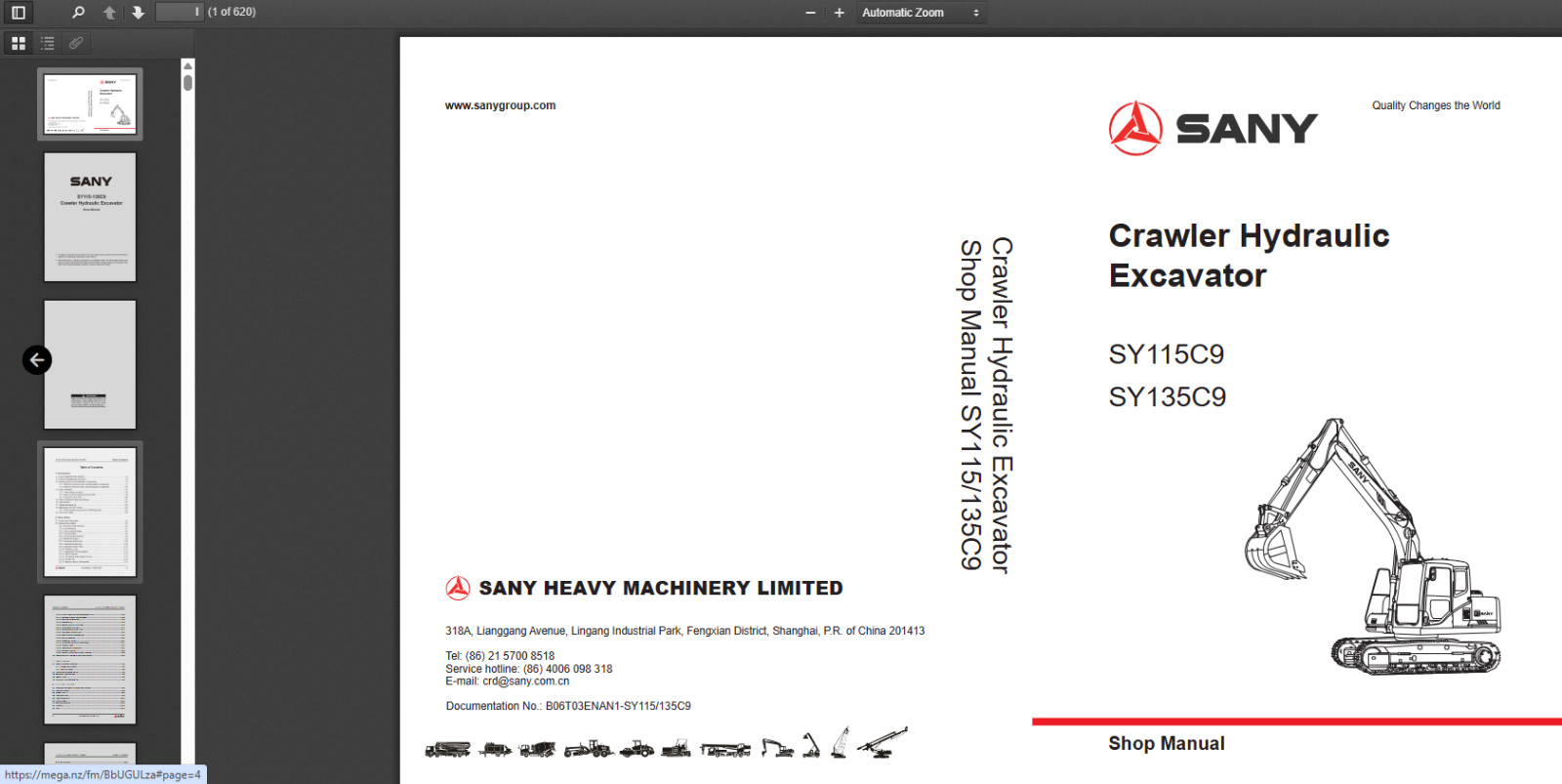SANY SY135C9 EXCAVATOR SERVICE MANUAL OPERATION AND MAINTENANCE PARTS BOOK PDF