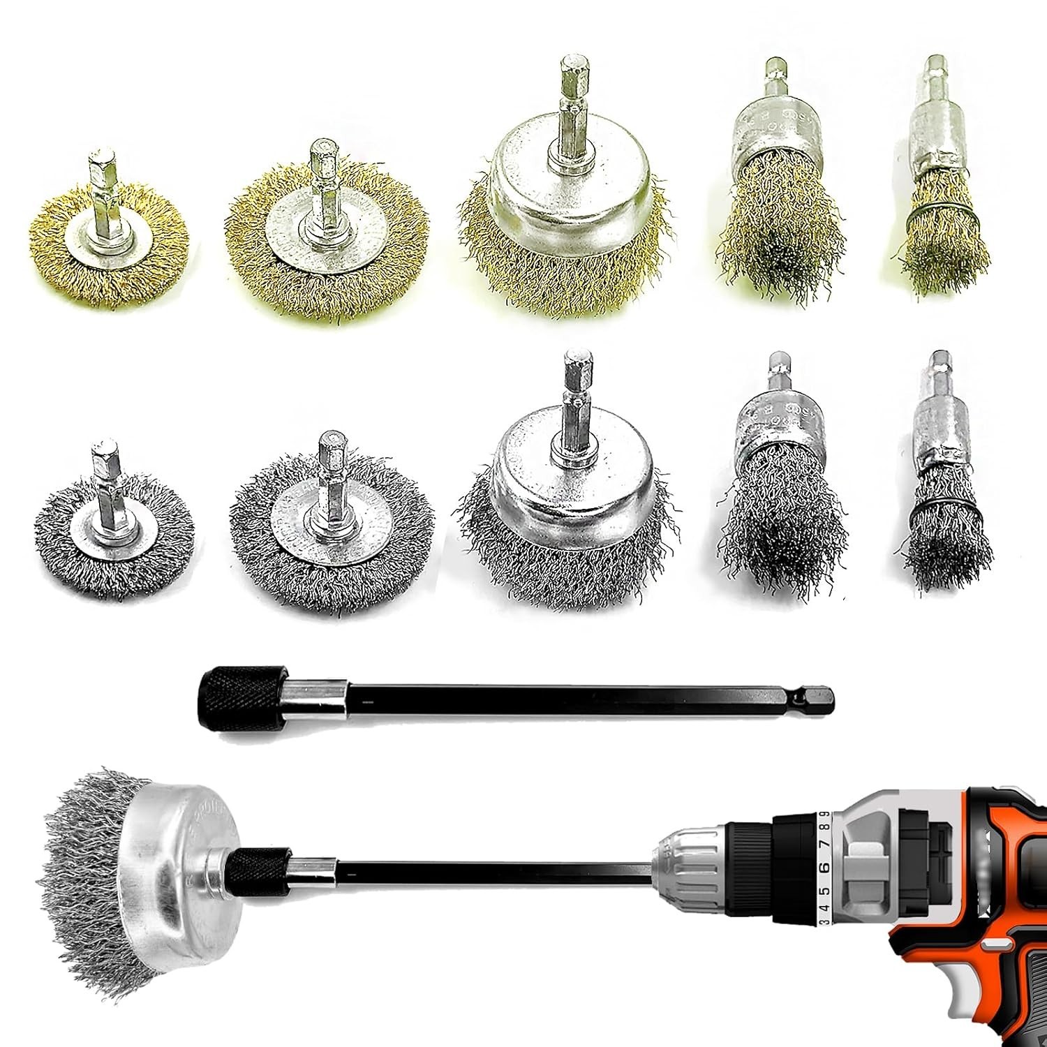 10pack Wire Wheel Cup Brush Set for Drill Abrasive with 1/4″ Hex Shank,Extn. Rod
