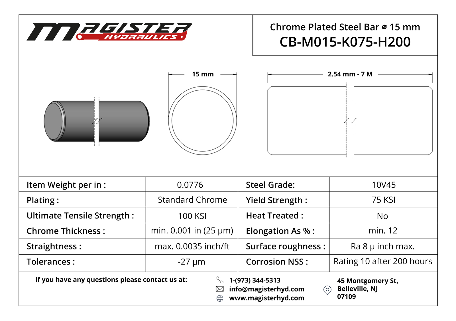 Chrome Plated Steel Rod – 15 mm Dia x 24″ length shaft, 1045 steel bar