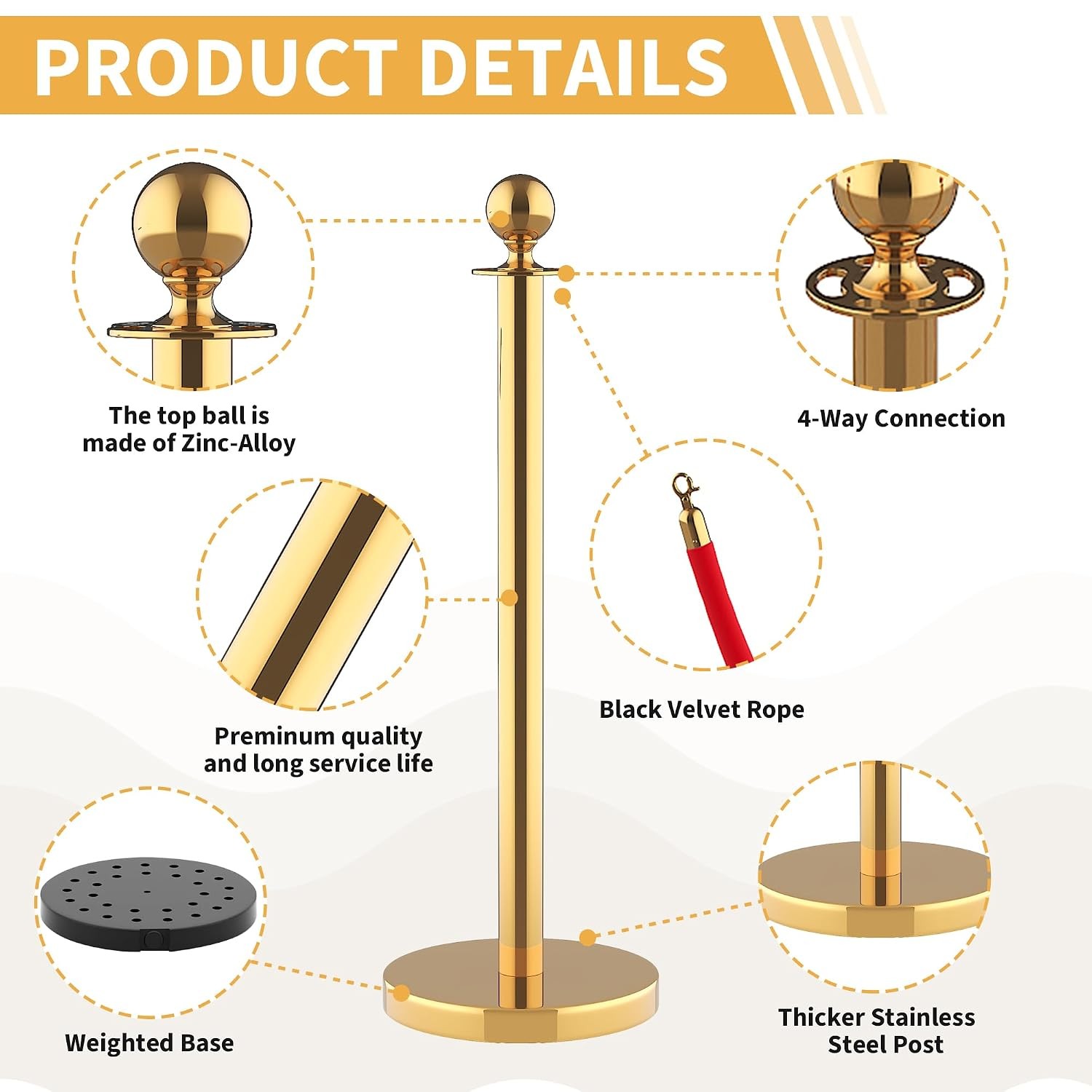 Gold Stanchion Set 5ft Red Velvet Ropes Stainless Steel Crowd Control 8 Piece
