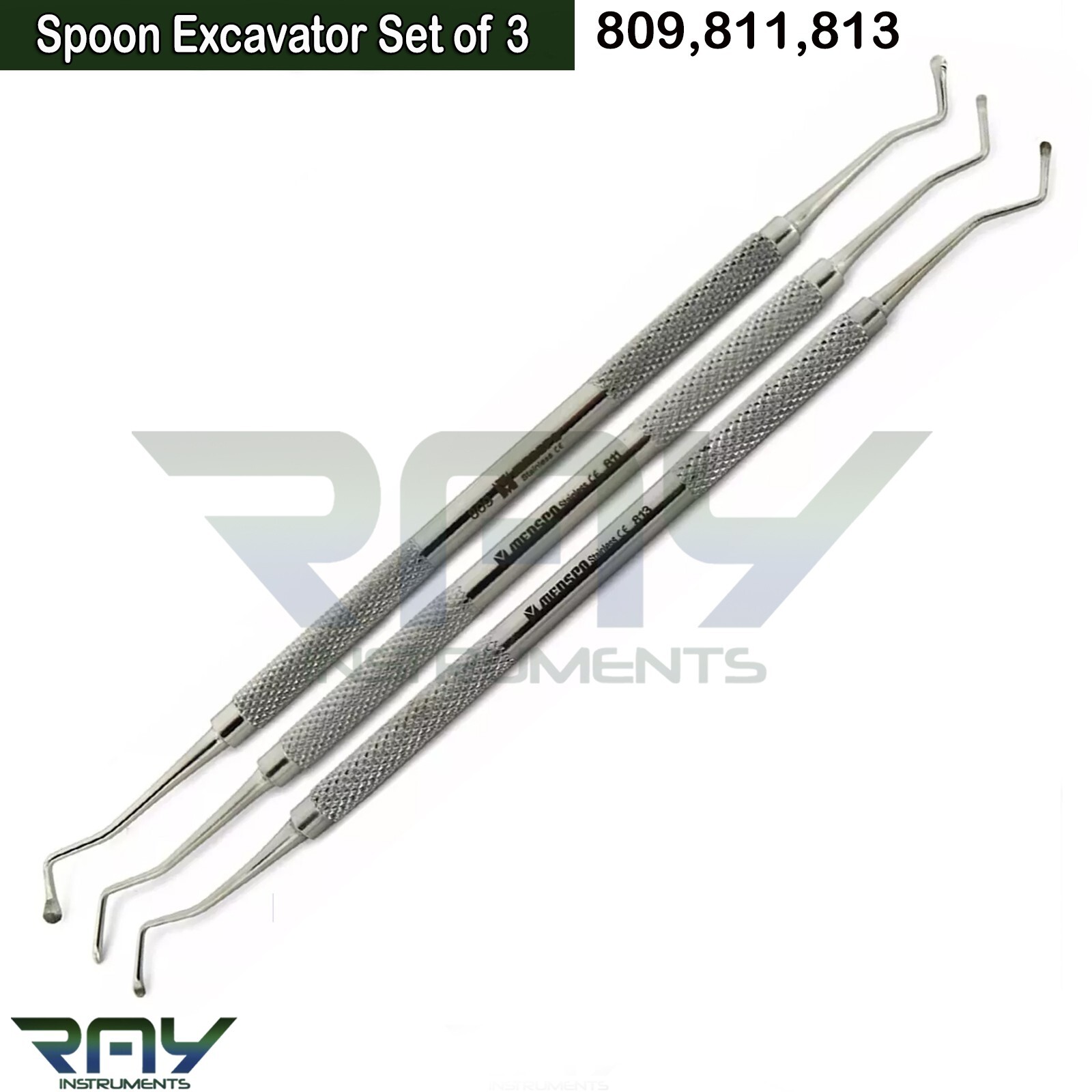 Set of 3 Dental Restorative Composite Instruments Spoon Excavator Double Ended