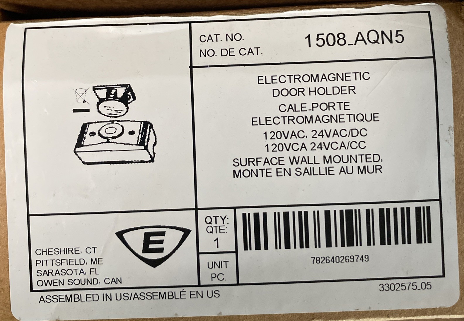 Edwards 1508-AQN5 Surface Wall Mount Electromagnetic Door Holder. Magnet Missing