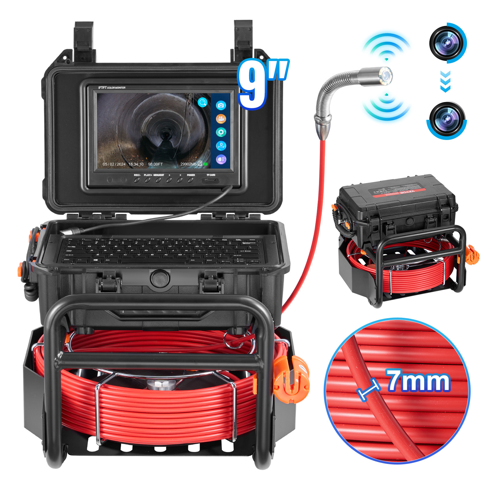9″ Sewer Camera 98 ft/30m Self-Leveling Drain Camera with 512Hz Transmitter