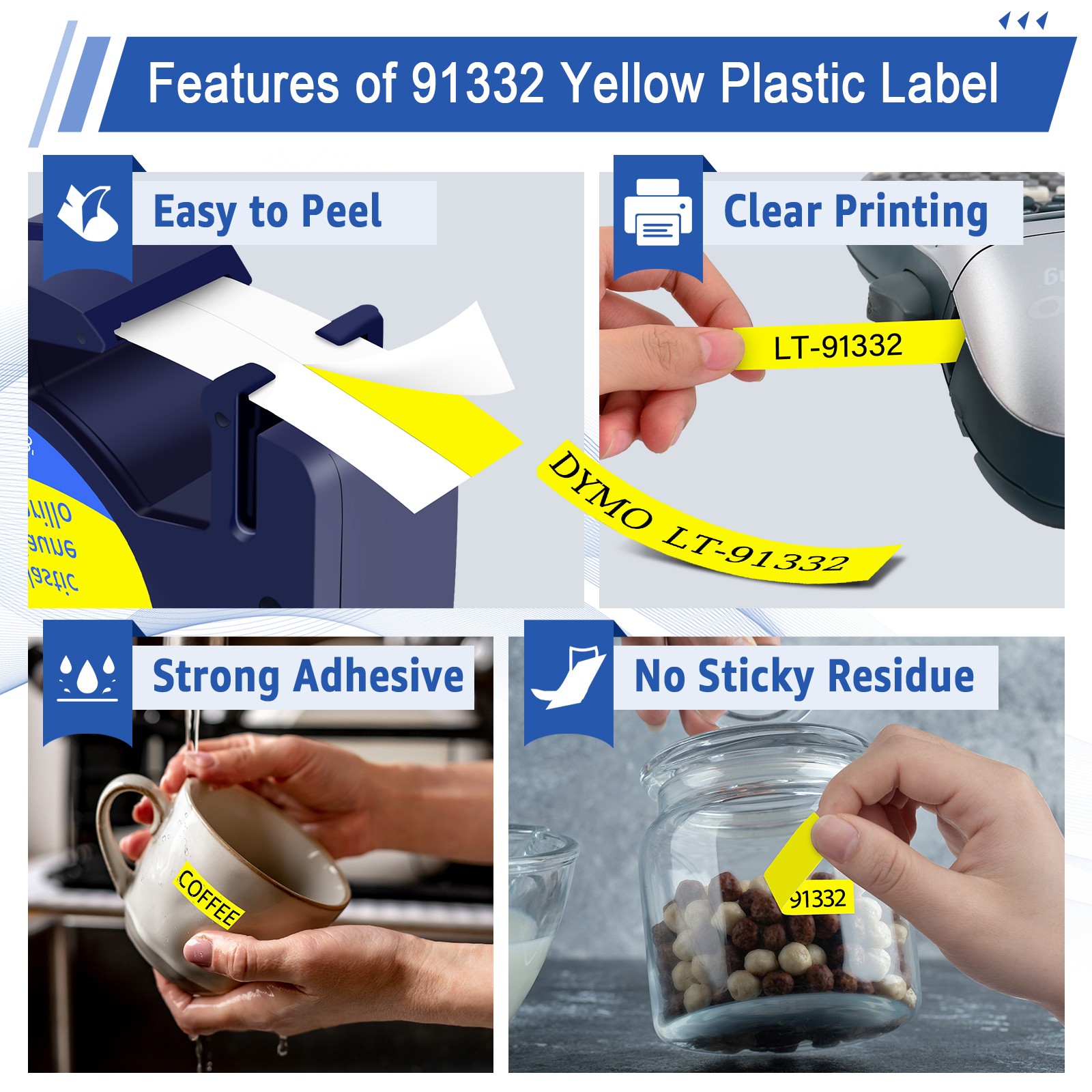 LT-91332 For DYMO LetraTag Refills LT100T LT100H Yellow Plastic Label Tape 12mm