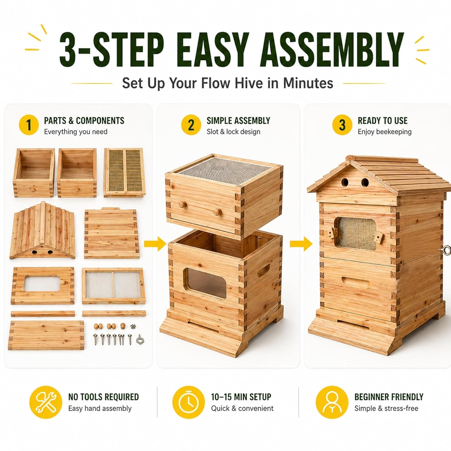 Auto Beehive Starter Kit Wooden Bee Hive Box with 7pcs Honey Tap Frames Beginner