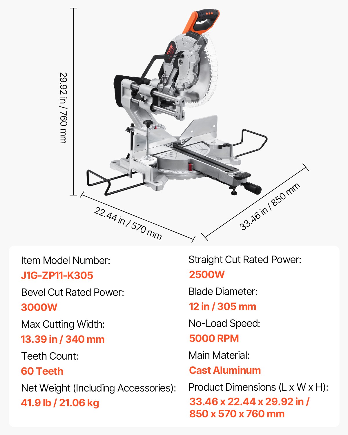 VEVOR Sliding Compound Miter Saw 12-In Blade 15 Amp Motor Corded Bevel 60-Tooth