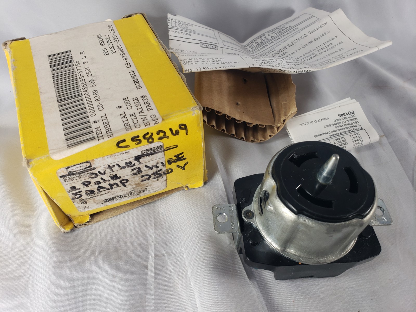 HUBBELL CS8269 50A 250V 2P 3W LOCKING RECEPTACLE UL TWISTLOCK NEW OLD STOCK
