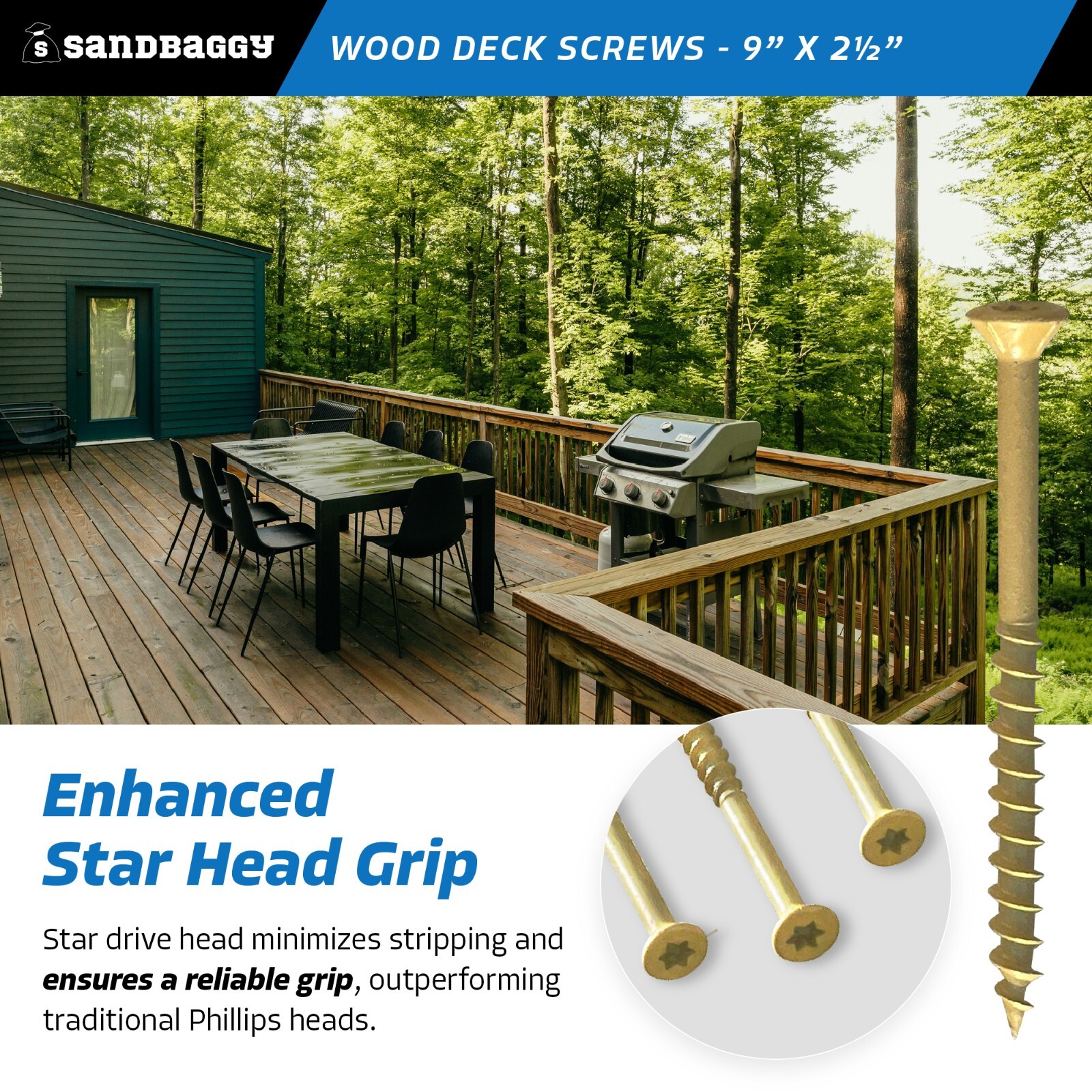 Sandbaggy #9 x 2 -1/2″ Exterior Wood Deck Screws – (Torx Head)