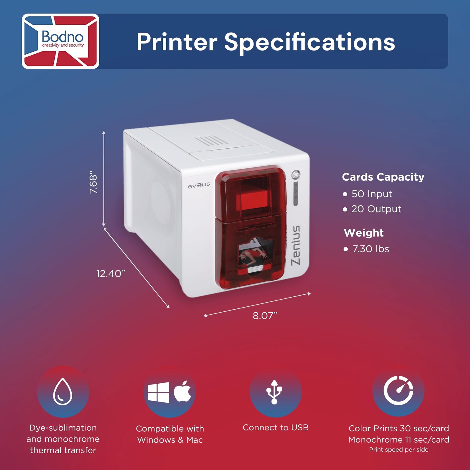 Bodno Evolis Zenius Single Sided ID Card Printer Complete Supplies Package Bronz