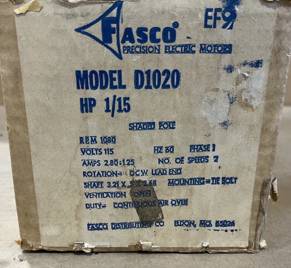 Fasco D1020 Shaded Pole Motor 1/10 1/20 HP 1080 RPM 115 Volts