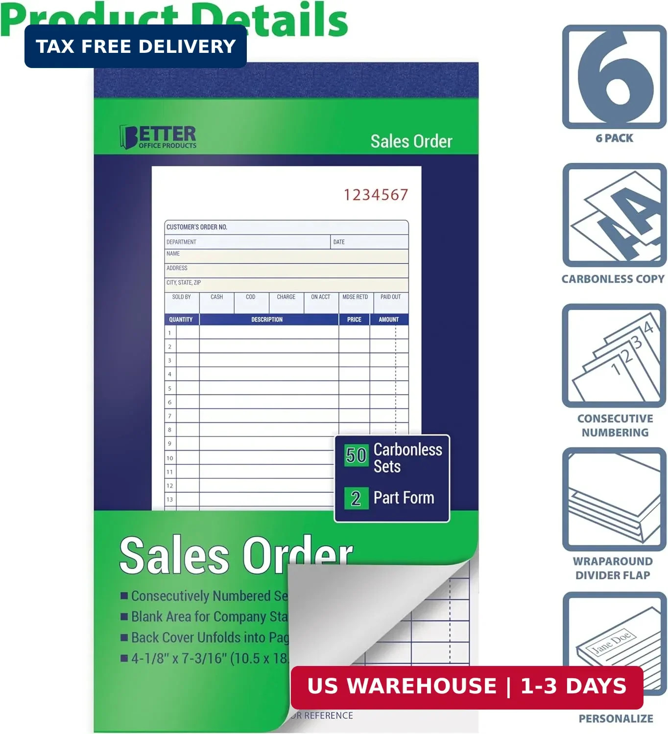Sales Order Books 6 Pack 2-Part Carbonless White Canary Yellow 50 Sets per Book