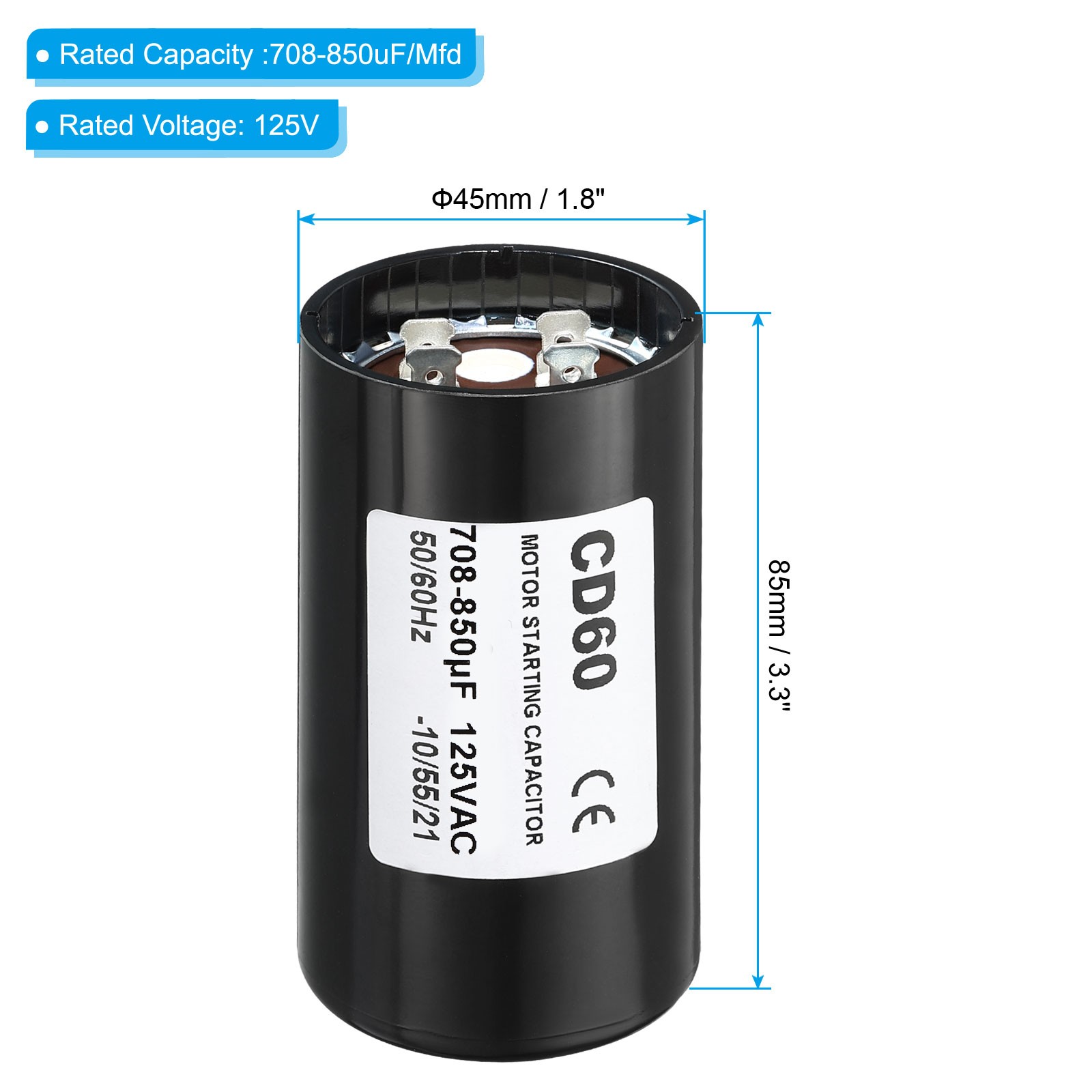 2Pcs Motor Start Capacitor 708-850uF/Mfd 125V 50/60Hz CD60 Run Capacitor