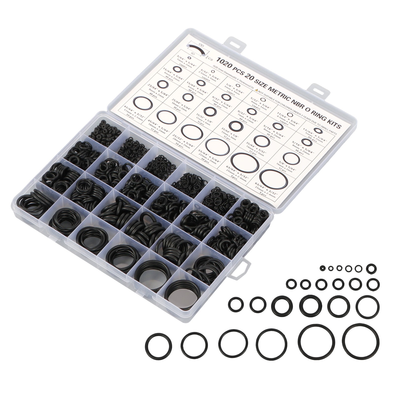 1020 Pcs O-Ring Kit 20 Sizes Nitrile Rubber Assortment Set, Oil & Heat Resistant